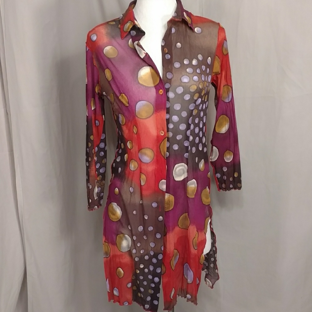 Wild Polka Dot Tunic Shirt Fine Mesh Mod Semi Sheer by Atika See Measurements